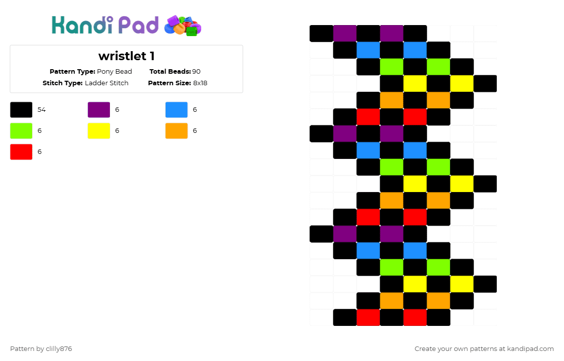wristlet 1 - Pony Bead Pattern by clilly876 on Kandi Pad - black,light blue,yellow,red,colorful