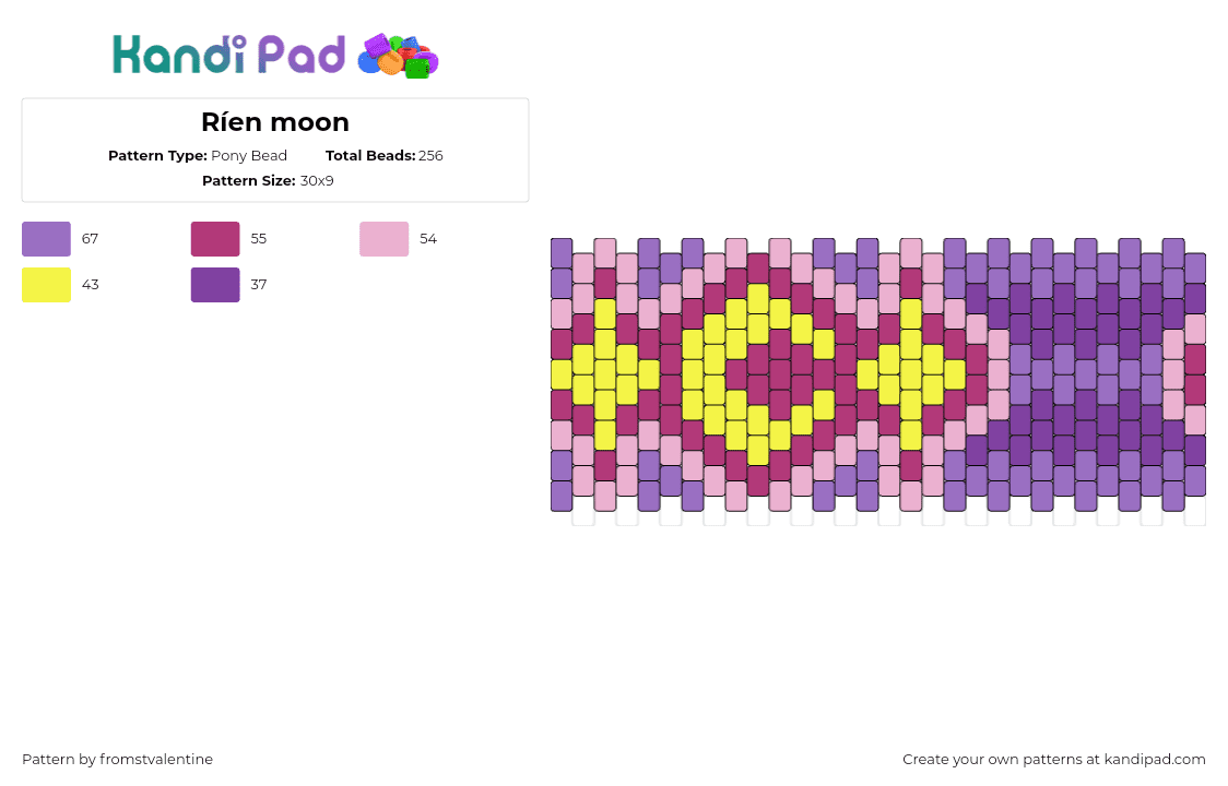 Ríen moon - Pony Bead Pattern by fromstvalentine on Kandi Pad - moon,stars,night,cuff,yellow,pink,purple