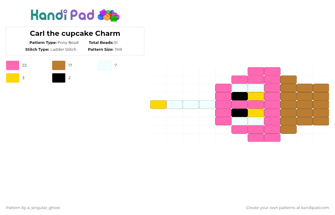 Carl the cupcake Charm - Pony Bead Pattern by a_singular_ghost on Kandi Pad - tan,pink,fnaf,five nights at freddys,cupcake,carl,ladder stitch,charm