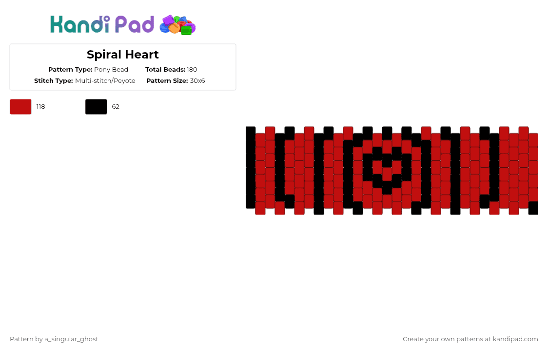 Spiral Heart - Pony Bead Pattern by a_singular_ghost on Kandi Pad - black,red,spiral,heart,dizzy,optical