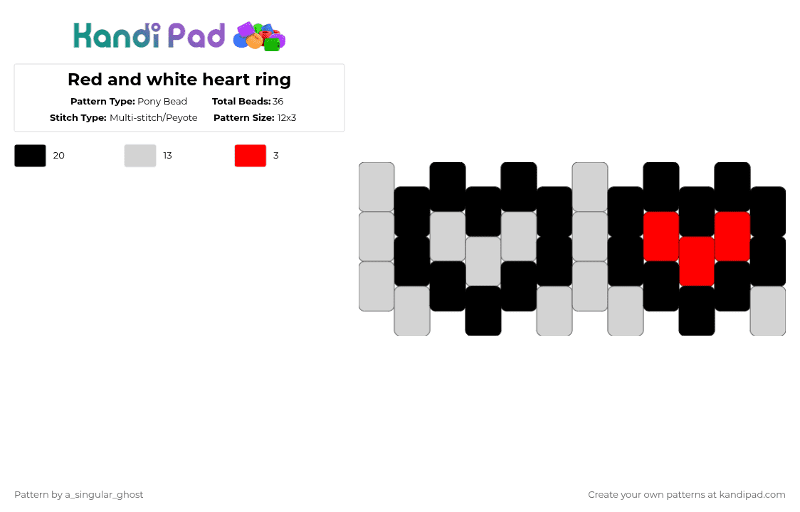 Red and white heart ring - Pony Bead Pattern by a_singular_ghost on Kandi Pad - white,heart,ring,cute,simple,red