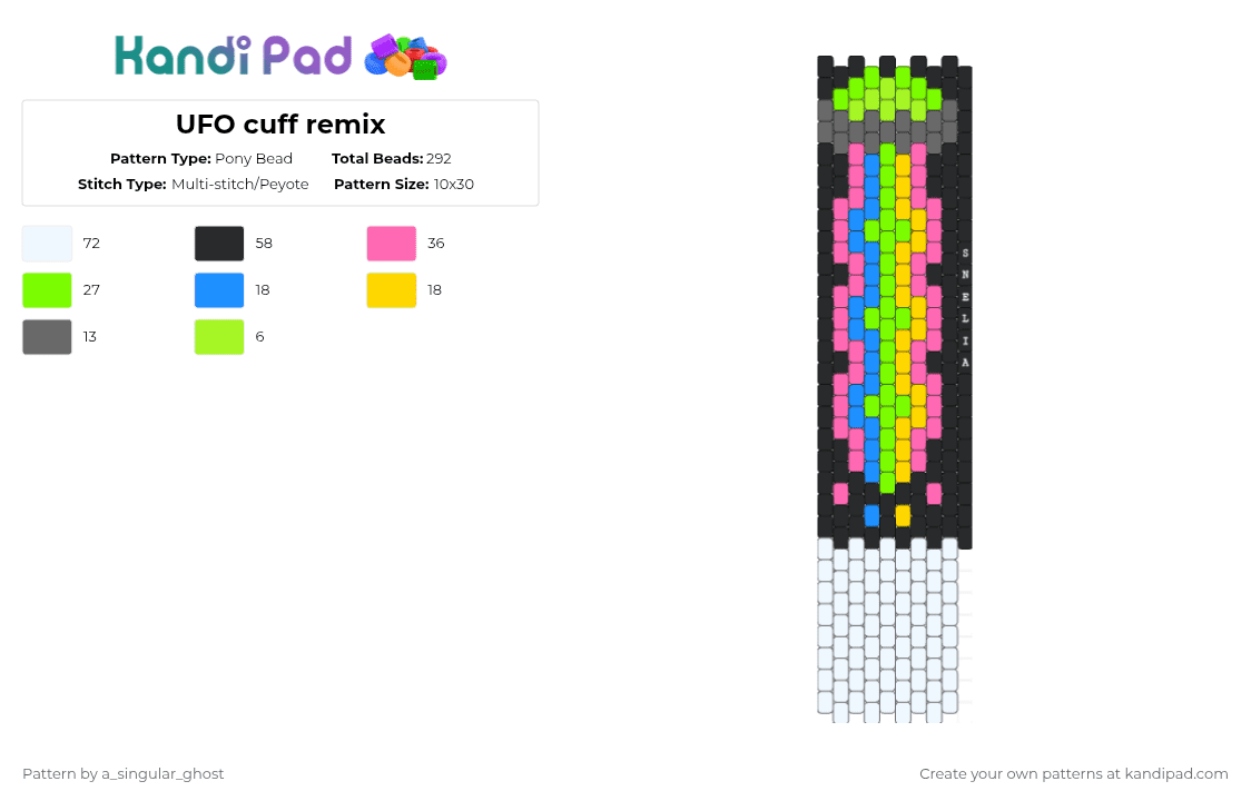 UFO cuff remix - Pony Bead Pattern by a_singular_ghost on Kandi Pad - green,pink,ufo,space,alien,colorful,remix