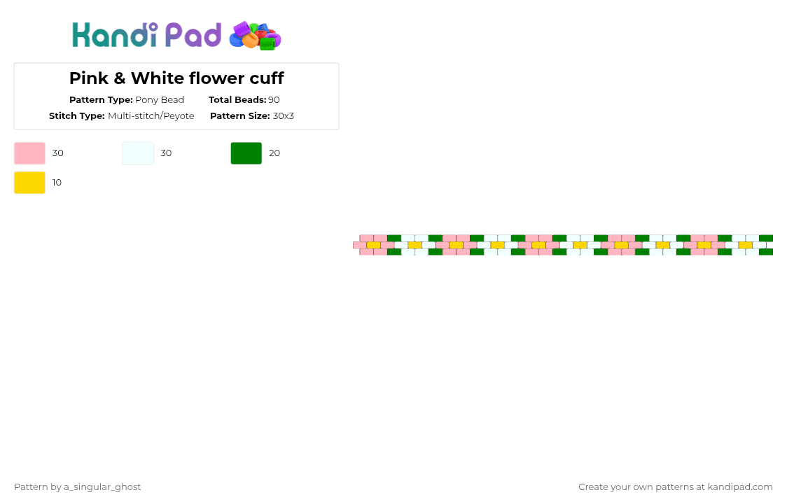 Pink & White flower cuff - Pony Bead Pattern by a_singular_ghost on Kandi Pad - pink,green,cuff,peyote,white,flower,simple,cute,pretty