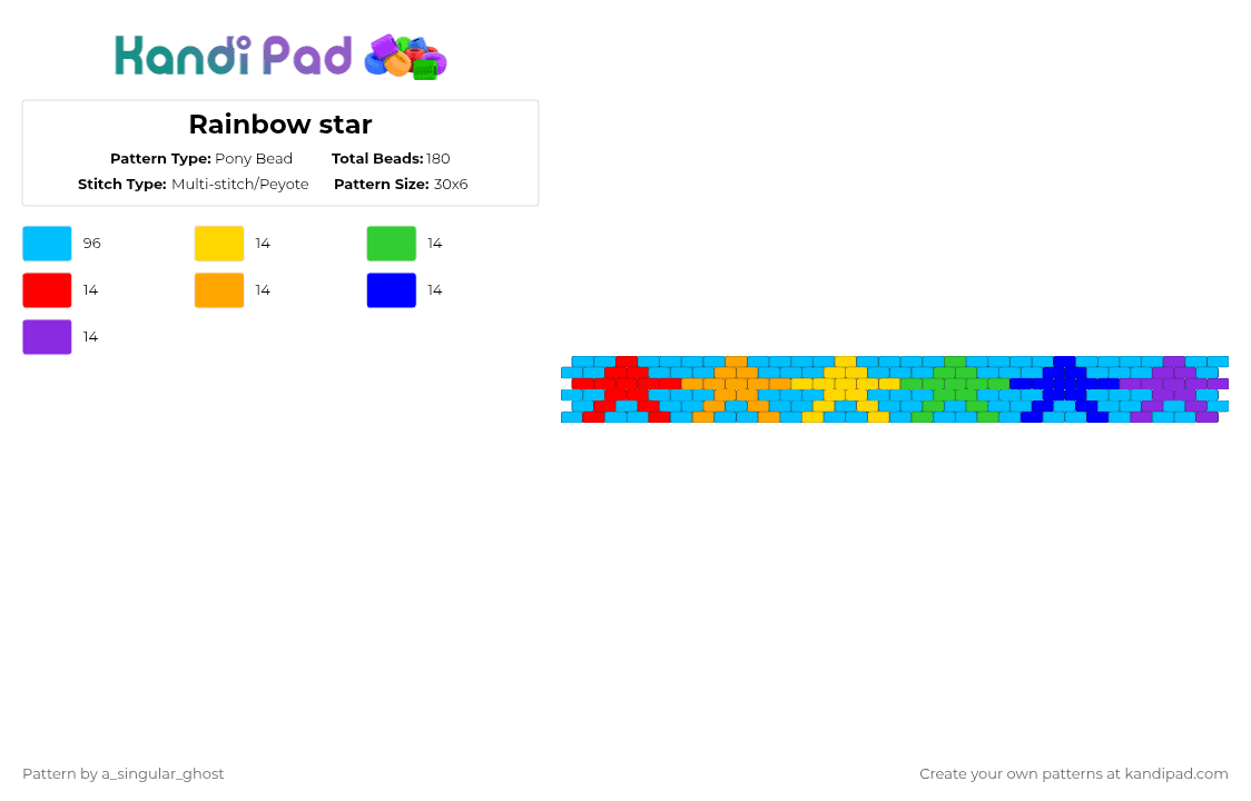 Rainbow star - Pony Bead Pattern by a_singular_ghost on Kandi Pad - light blue,purple,rainbow,star,cuff,flat stitch,colorful,peyote