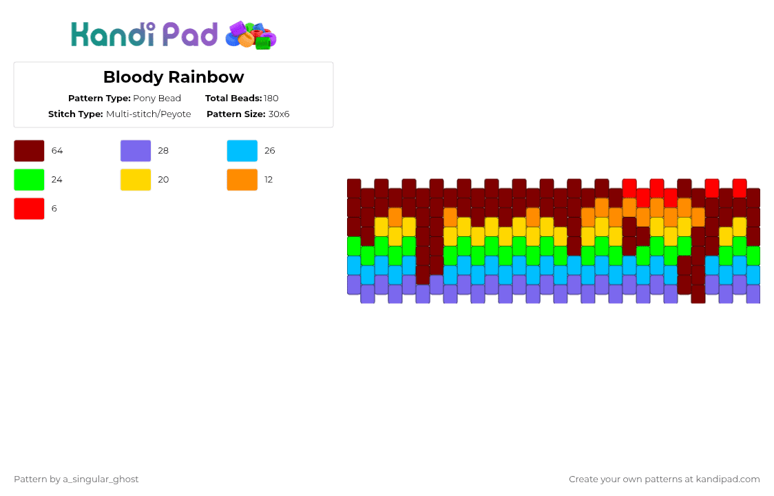 Bloody Rainbow - Pony Bead Pattern by a_singular_ghost on Kandi Pad - brown,green,light blue,blue,pride,rainbow,bloody,drip,cuff,simple,scary,flag