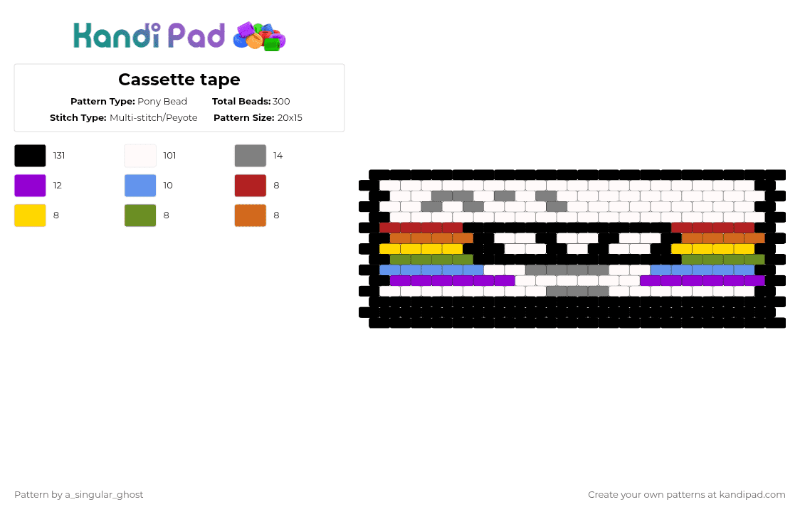 Cassette tape - Pony Bead Pattern by a_singular_ghost on Kandi Pad - cassette,tape,retro,accessory,colorful,music,black,white,purple,charm,cassette tape,rainbow,payote