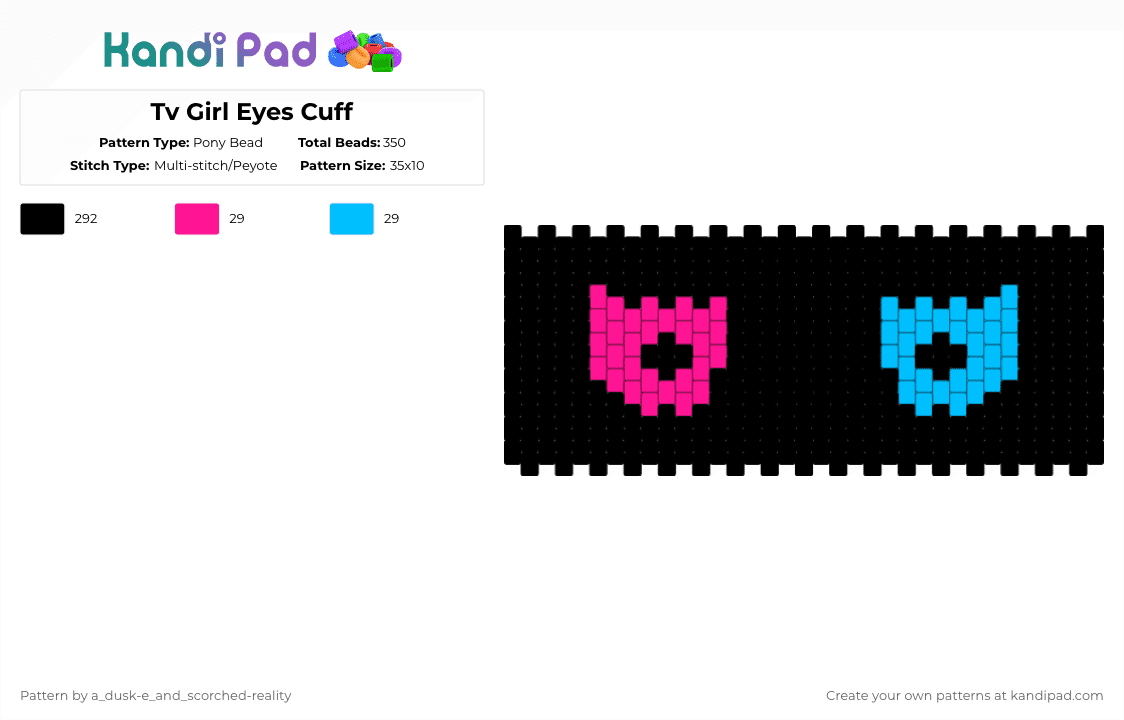 Tv Girl Eyes Cuff - Pony Bead Pattern by a_dusk-e_and_scorched-reality on Kandi Pad - black, light blue, pink
