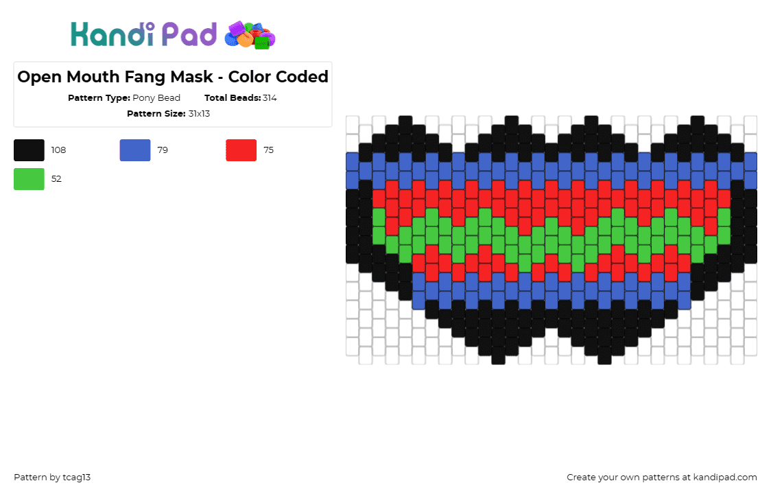 Open Mouth Fang Mask - Color Coded - Pony Bead Pattern by tcag13 on Kandi Pad - mask,teeth,open mouth,fang,halloween,costume