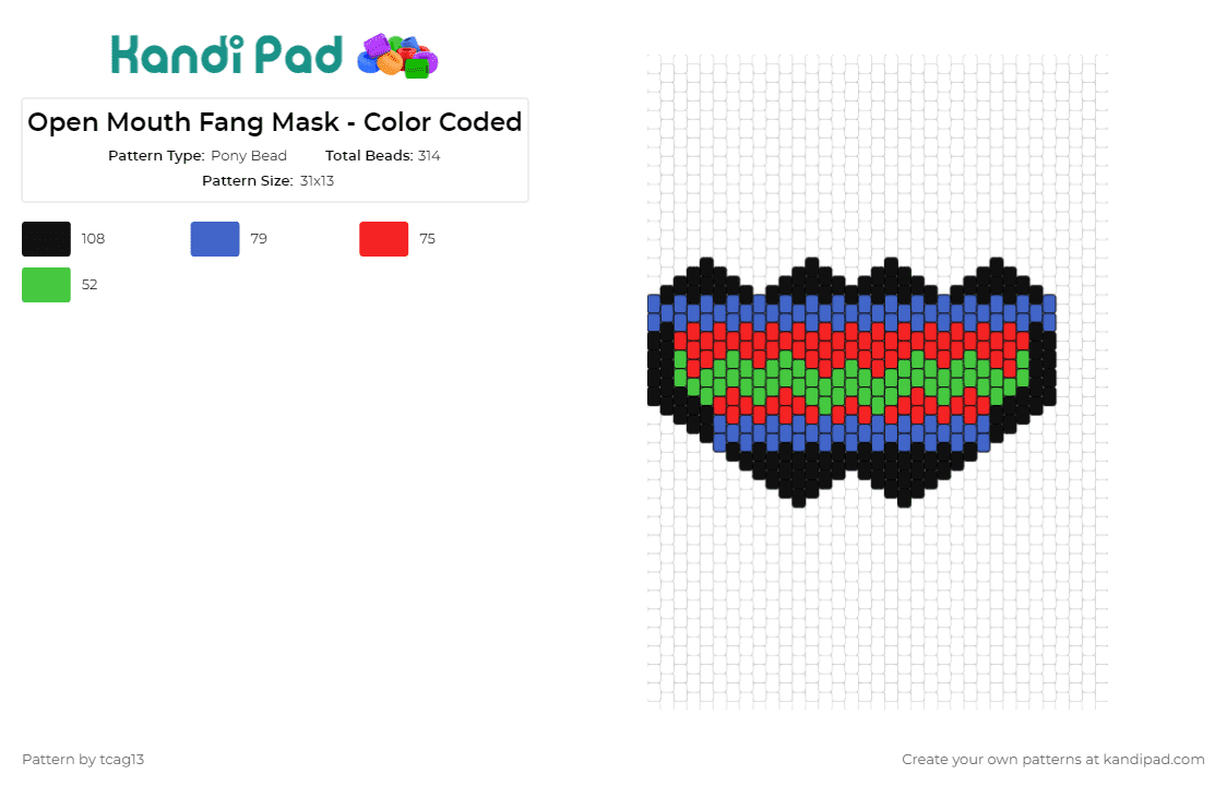 Open Mouth Fang Mask - Color Coded - Pony Bead Pattern by tcag13 on Kandi Pad - mask,teeth,open mouth,fang,halloween,costume