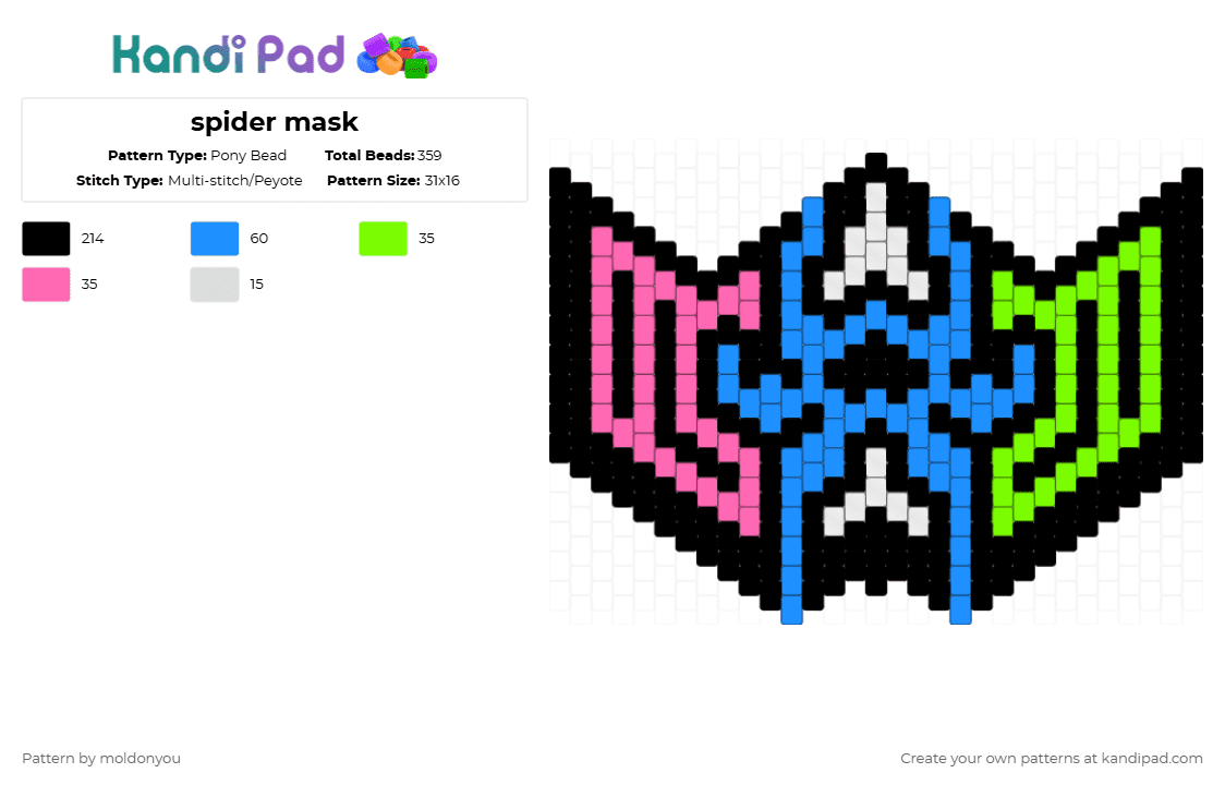 spider mask - Pony Bead Pattern by moldonyou on Kandi Pad - spider,neon,mask,animal,halloween,spooky,insect,holiday,black,light blue