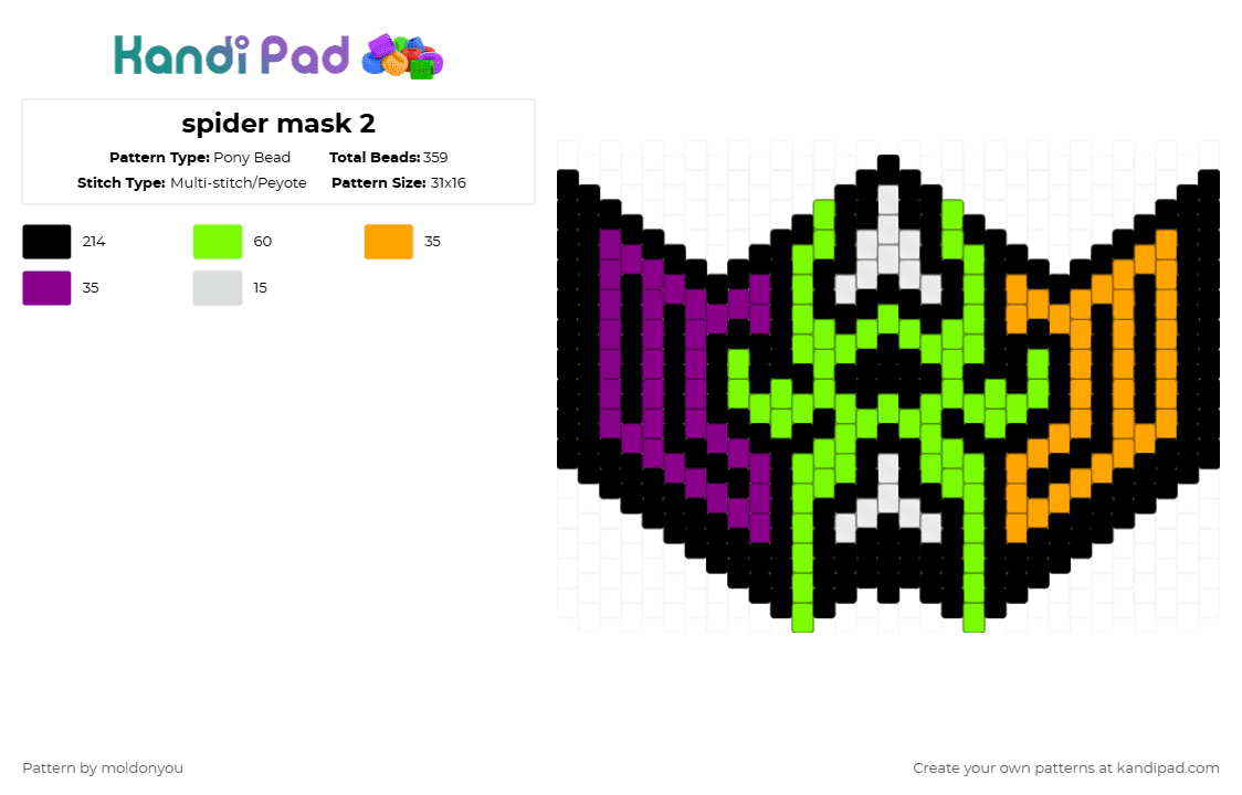 spider mask 2 - Pony Bead Pattern by moldonyou on Kandi Pad - black,green