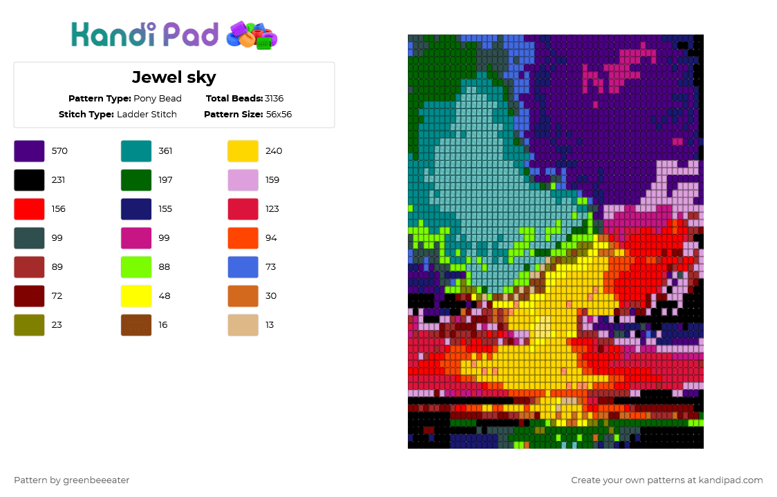 Jewel sky - Pony Bead Pattern by greenbeeeater on Kandi Pad - purple,teal,red,green,colorful