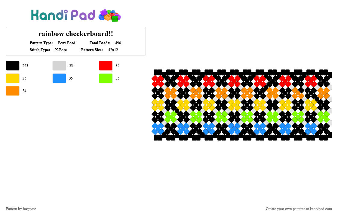 rainbow checkerboard!! - Pony Bead Pattern by bugsync on Kandi Pad - black,red,light blue,colorful