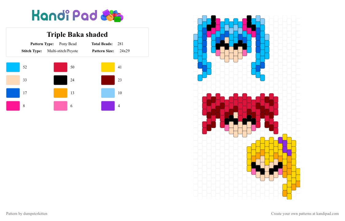 Triple Baka shaded - Pony Bead Pattern by dumpsterkitten on Kandi Pad - beige,light blue,red,yellow
