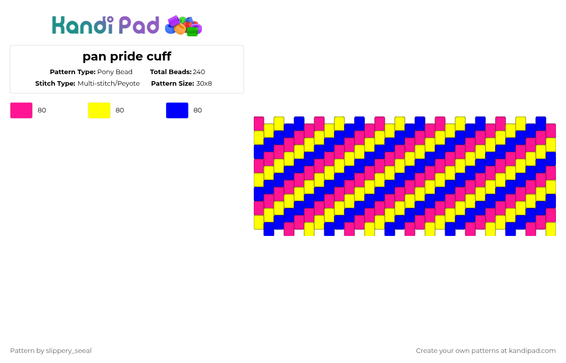 pan pride cuff - Pony Bead Pattern by slippery_seeal on Kandi Pad - pink,yellow,purple