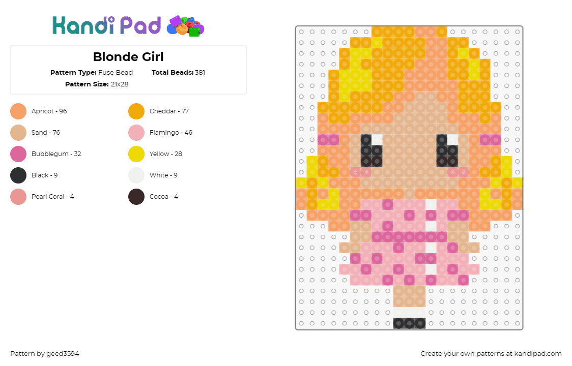 Blonde Girl - Fuse Bead Pattern by geed3594 on Kandi Pad - girl,blonde,cute,cheerful,personable,character,yellow,pink