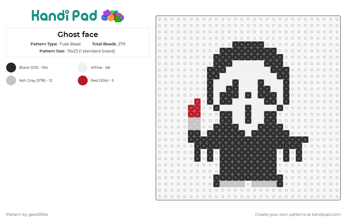 Ghost face - Fuse Bead Pattern by geed3594 on Kandi Pad - ghost face,scream,horror,iconic,monochrome,spooky,mask,chibi,red,black