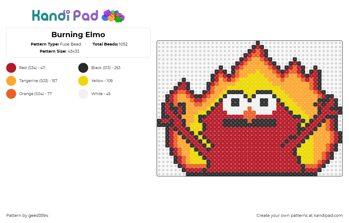 Burning Elmo - Fuse Bead Pattern by geed3594 on Kandi Pad - burning elmo,meme,fire,funny,viral,vibrant,quirky,humor,red,yellow,orange