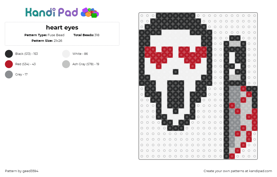 heart eyes - Fuse Bead Pattern by geed3594 on Kandi Pad - ghost face,scream,horror,hearts,spooky,love,mask,red,black