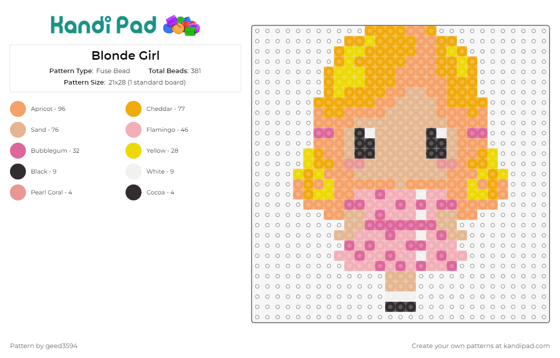 Blonde Girl - Fuse Bead Pattern by geed3594 on Kandi Pad - girl,blonde,cute,cheerful,personable,character,charm,representation,yellow,pink