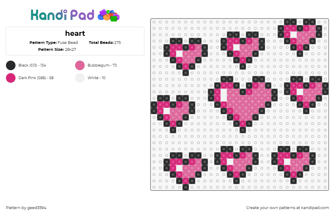 heart - Fuse Bead Pattern by geed3594 on Kandi Pad - hearts,love,affection,valentine,romance,pink,black