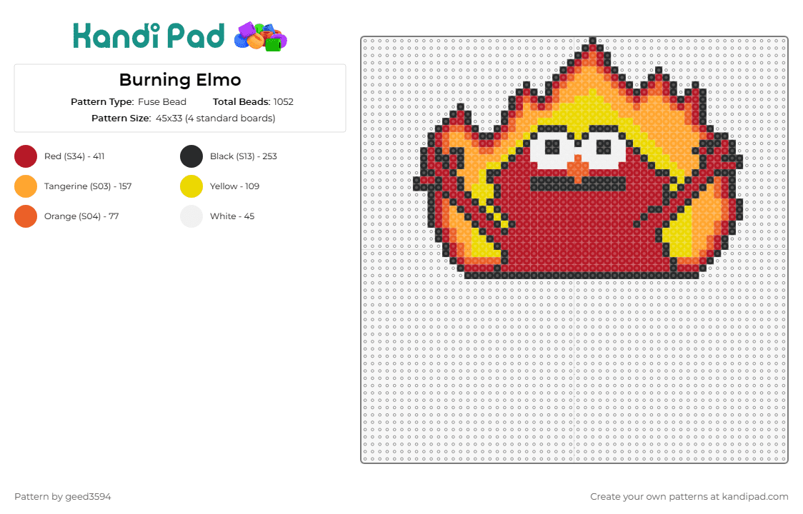 Burning Elmo - Fuse Bead Pattern by geed3594 on Kandi Pad - burning elmo,meme,fire,funny,viral,vibrant,quirky,humor,red,yellow,orange