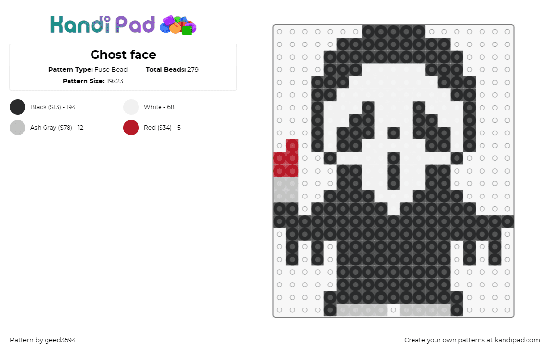 Ghost face - Fuse Bead Pattern by geed3594 on Kandi Pad - ghost face,scream,horror,monochrome,spooky,mask,chibi,red,black