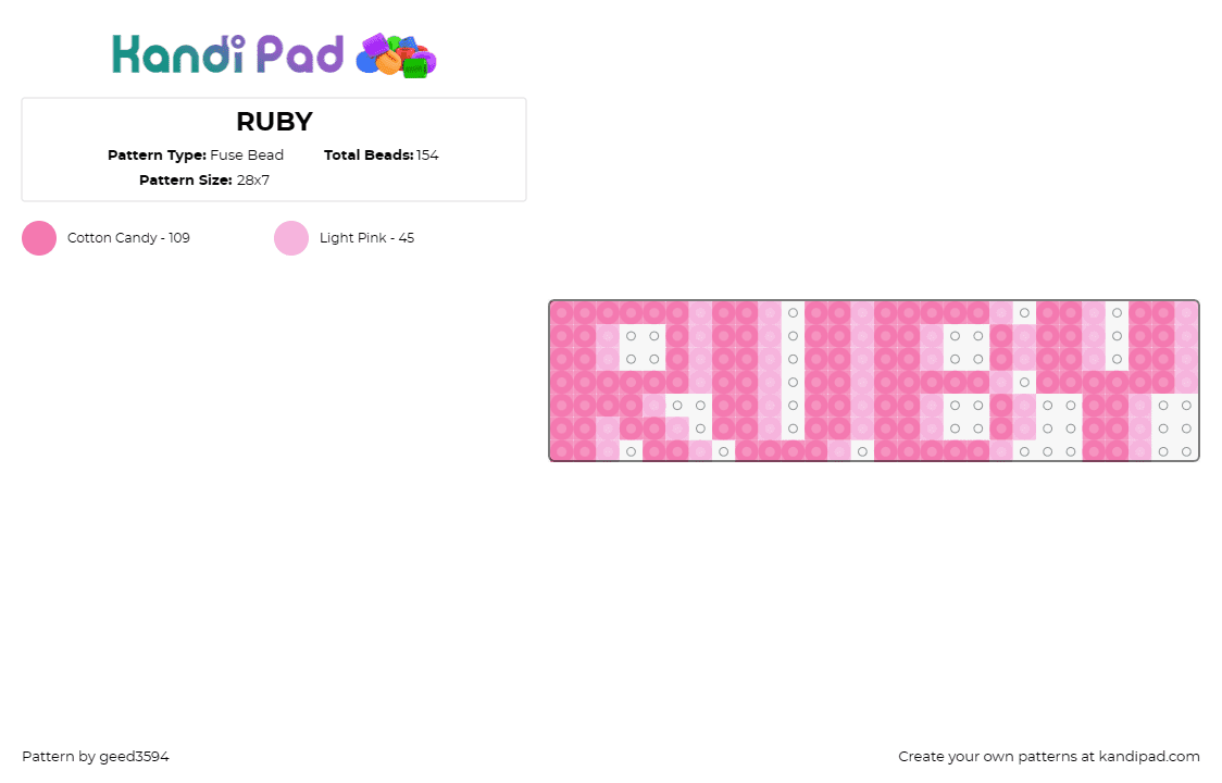 RUBY - Fuse Bead Pattern by geed3594 on Kandi Pad - text,name,personalized,bold,custom,gifts,tags,creations,pink,white