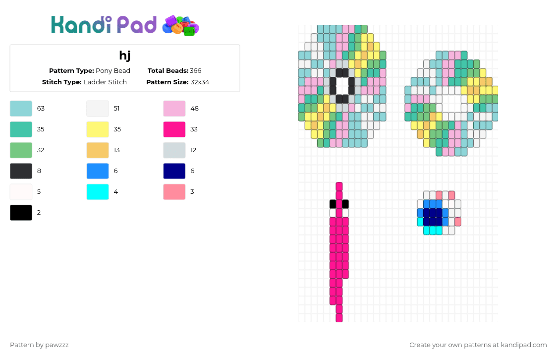 hj - Pony Bead Pattern by pawzzz on Kandi Pad - light blue,pink,teal,yellow