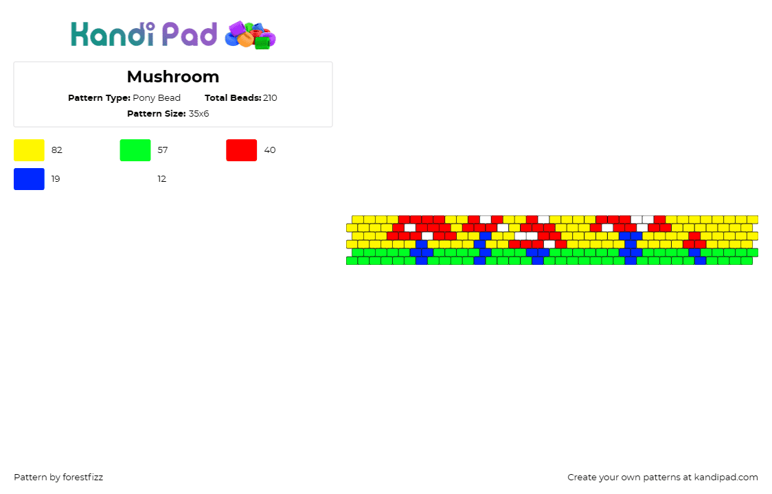 Mushroom - Pony Bead Pattern by forestfizz on Kandi Pad - mushrooms,cuff,colorful,classic,games,nostalgic,touch,red,green,yellow