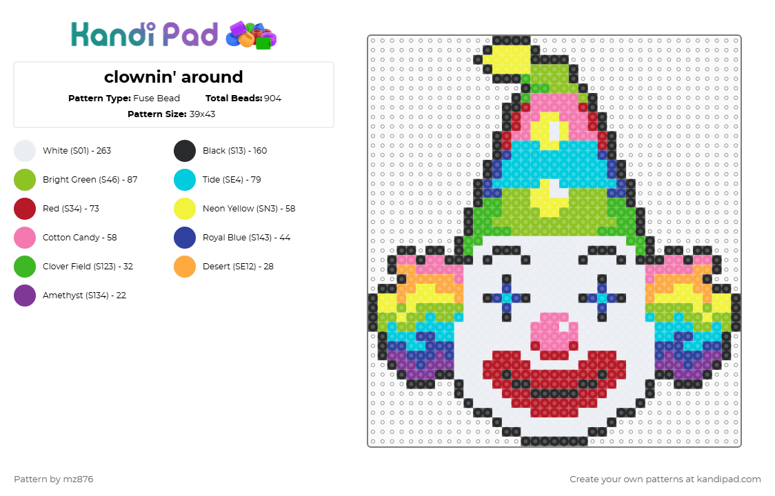 clownin\' around - Fuse Bead Pattern by mz876 on Kandi Pad - clown,head,party,circus,cartoon,entertainment,fun,colorful,green,pink,red,light blue,rainbow