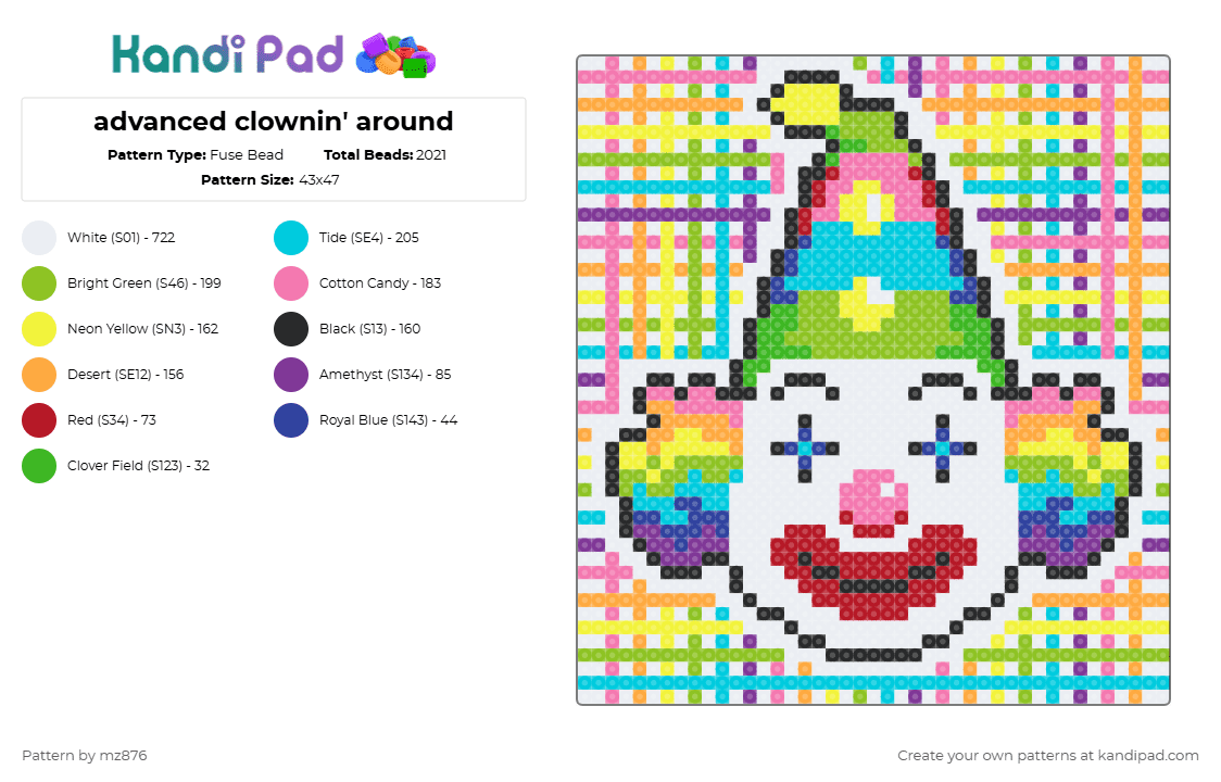 advanced clownin\' around - Fuse Bead Pattern by mz876 on Kandi Pad - white,green,light blue,orange,colorful,clown,rainbow