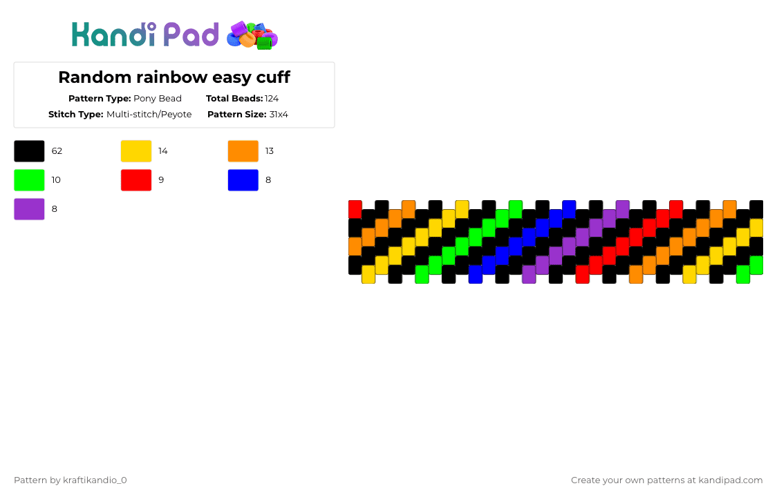 Random rainbow easy cuff - Pony Bead Pattern by kraftikandio_0 on Kandi Pad - black,orange,yellow,purple