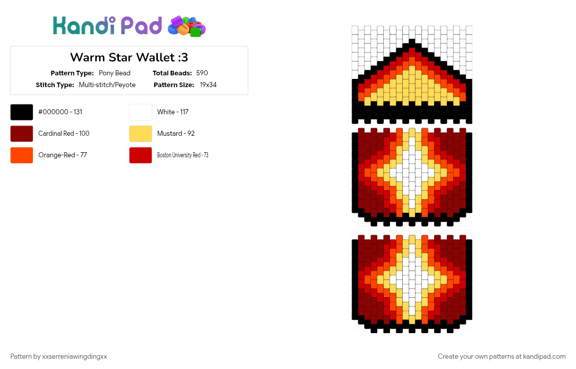 Warm Star Wallet :3 - Pony Bead Pattern by xxserreniawingdingxx on Kandi Pad - red, yellow