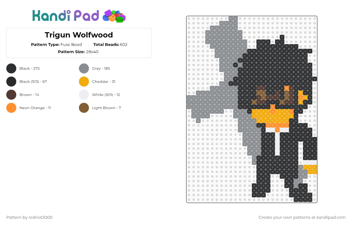 Trigun Wolfwood - Fuse Bead Pattern by redriot2000 on Kandi Pad - black,gray,wolfwood