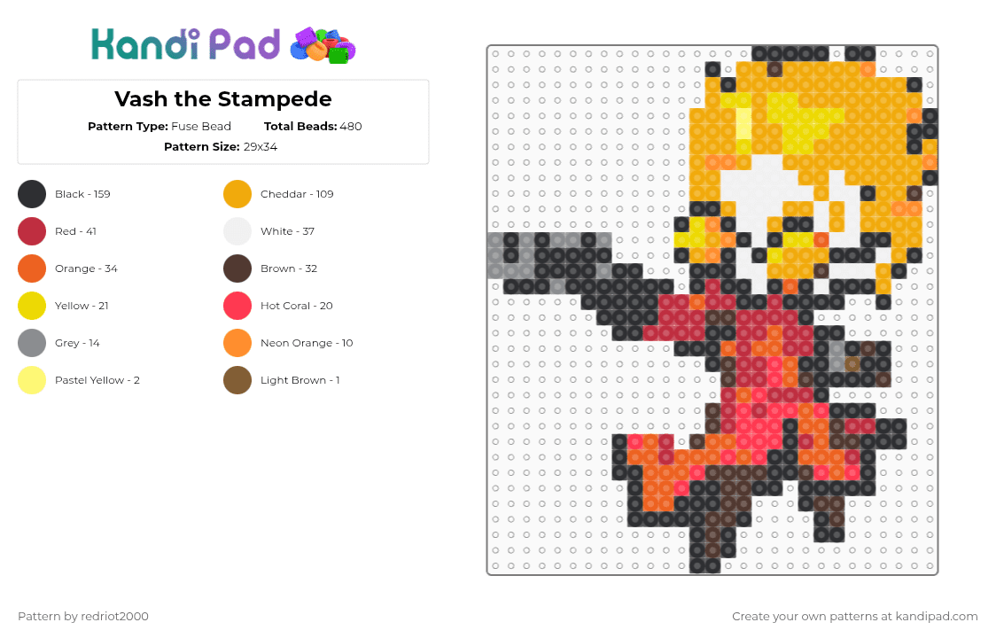 Vash the Stampede - Fuse Bead Pattern by redriot2000 on Kandi Pad - orange,red,trigun,vash the stampede