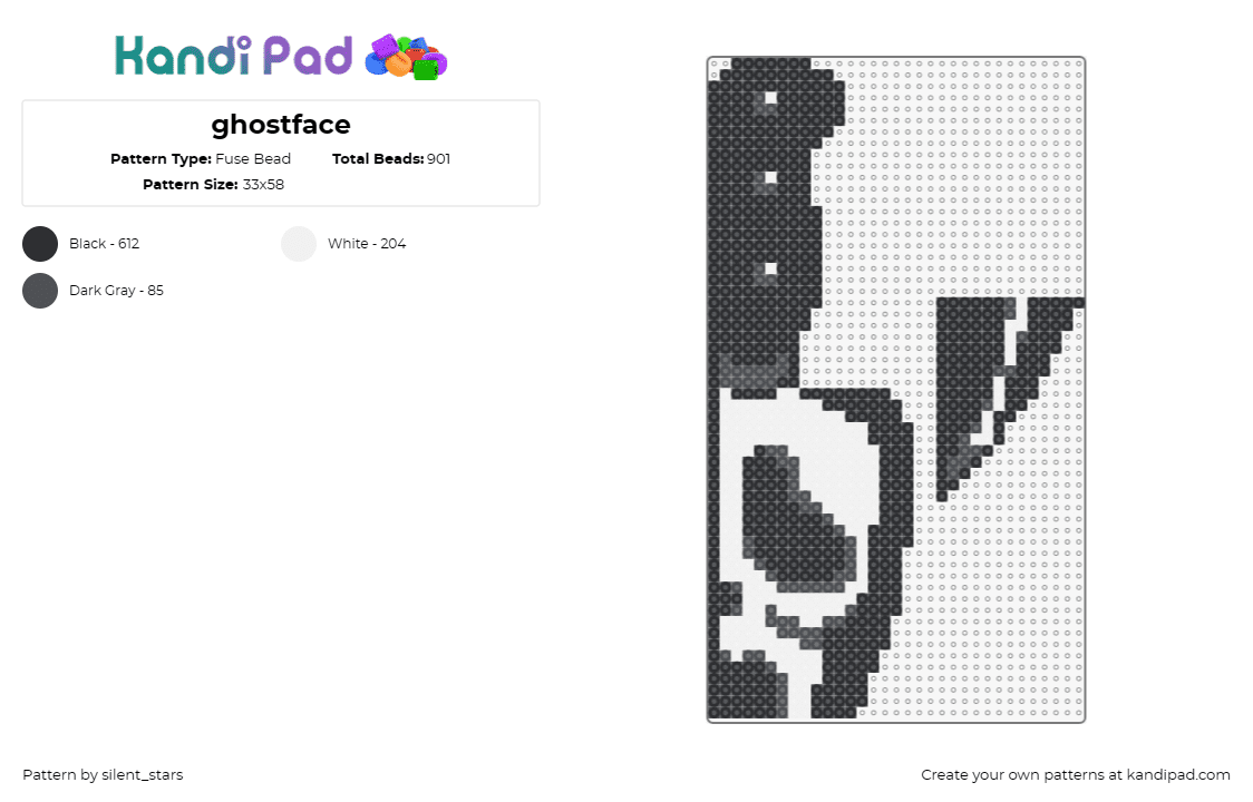 ghostface - Fuse Bead Pattern by silent_stars on Kandi Pad - ghost face,scream,horror,knife,suspenseful,classic,vibe,black,white