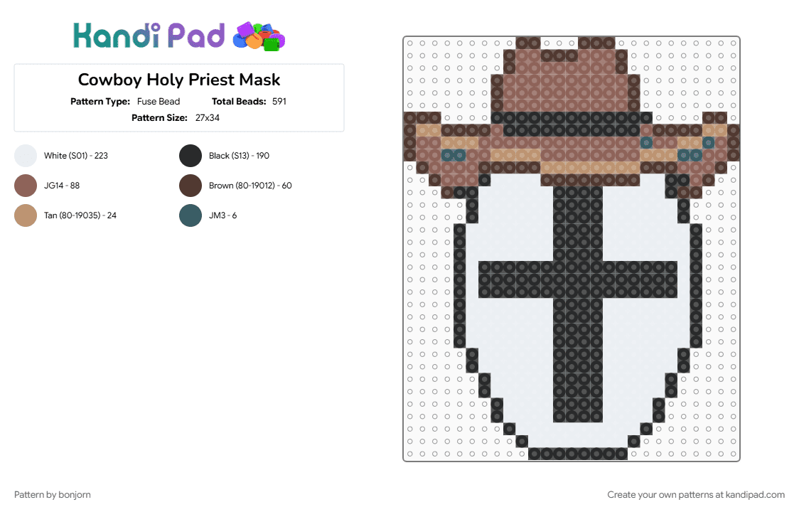 Cowboy Holy Priest Mask - Fuse Bead Pattern by bonjorn on Kandi Pad - brown, tan, white