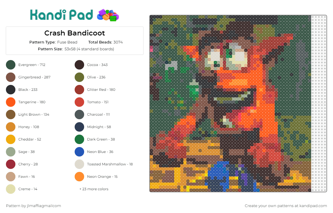 Crash Bandicoot - Fuse Bead Pattern by jlmaffiagmailcom on Kandi Pad - crash bandicoot,playstation,video game,high-energy,wacky,animated,adventure,fun,iconic,orange