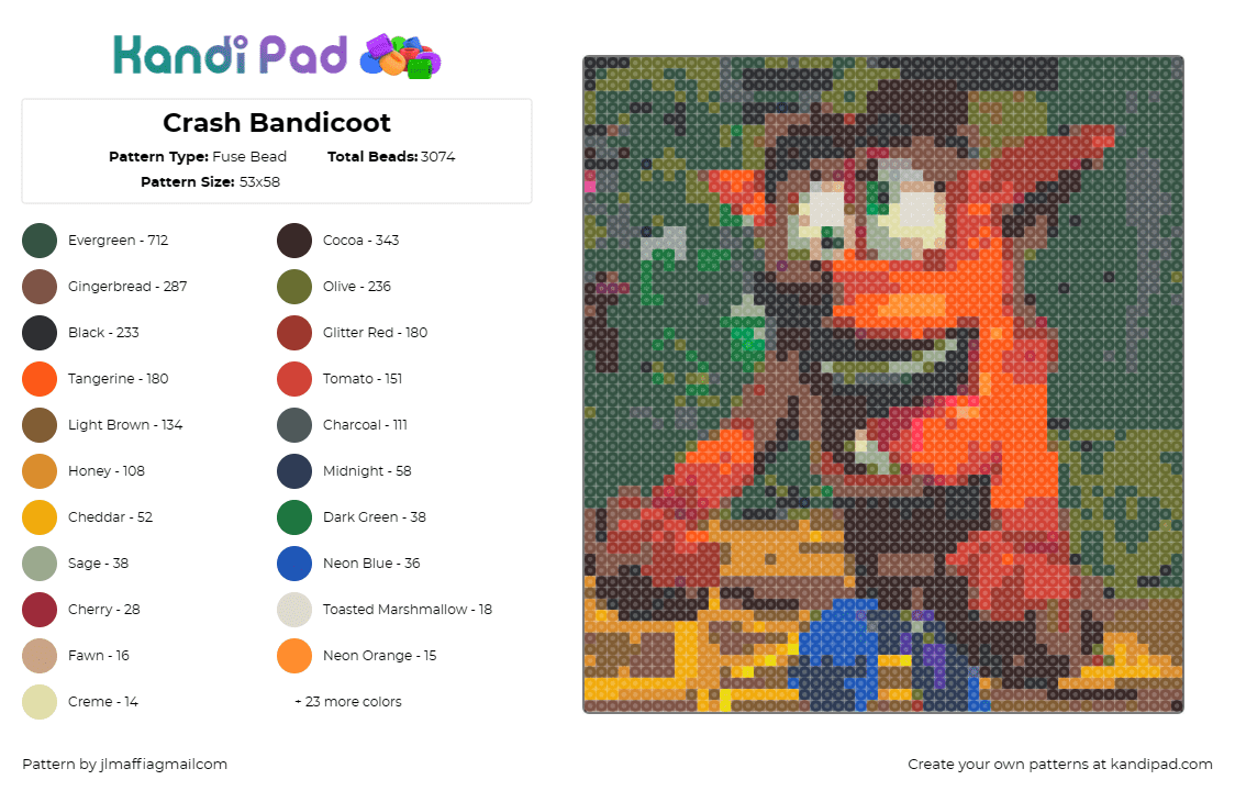 Crash Bandicoot - Fuse Bead Pattern by jlmaffiagmailcom on Kandi Pad - crash bandicoot,playstation,video game,character,classic,nostalgia,orange,blue