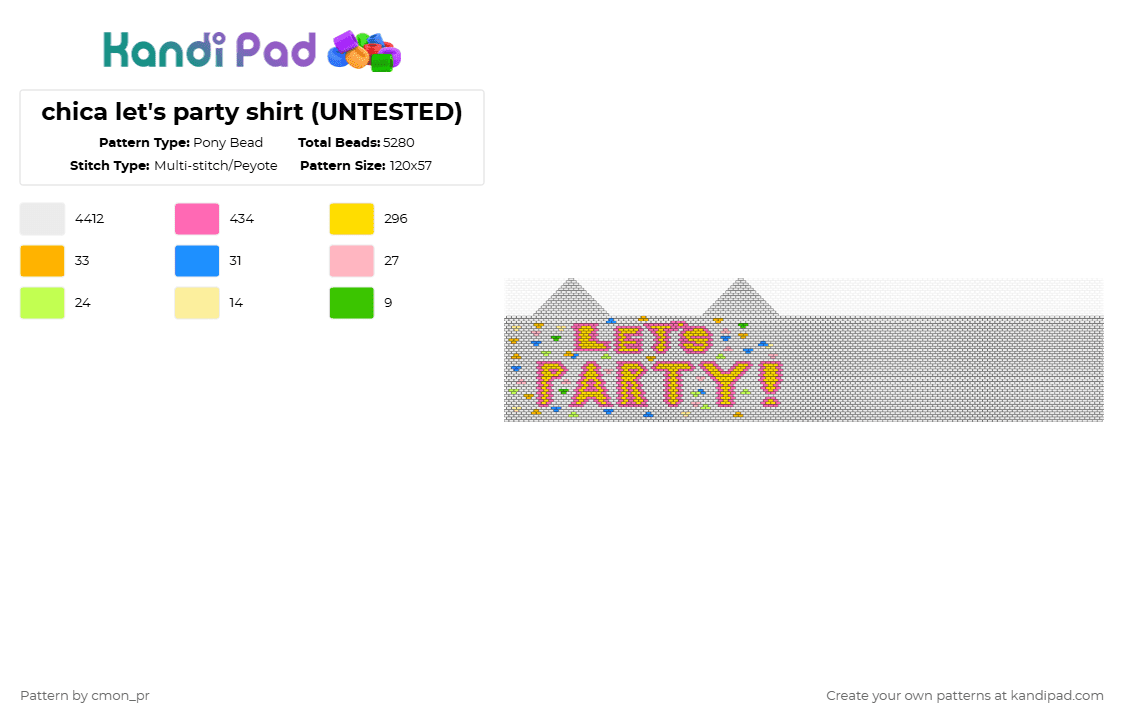 chica let\'s party shirt (UNTESTED) - Pony Bead Pattern by cmon_pr on Kandi Pad - white,pink,yellow