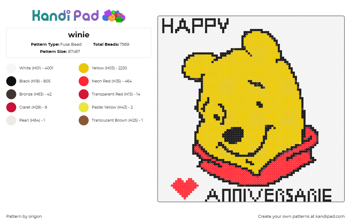 winie - Fuse Bead Pattern by origon on Kandi Pad - winnie the pooh,love,cute,anniversary,heartfelt,memories,sweet,character,yellow