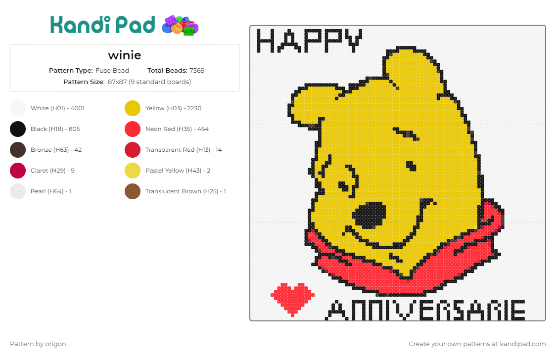 winie - Fuse Bead Pattern by origon on Kandi Pad - winnie the pooh,love,cute,anniversary,heartfelt,endearing,memories,sweet,character,yellow