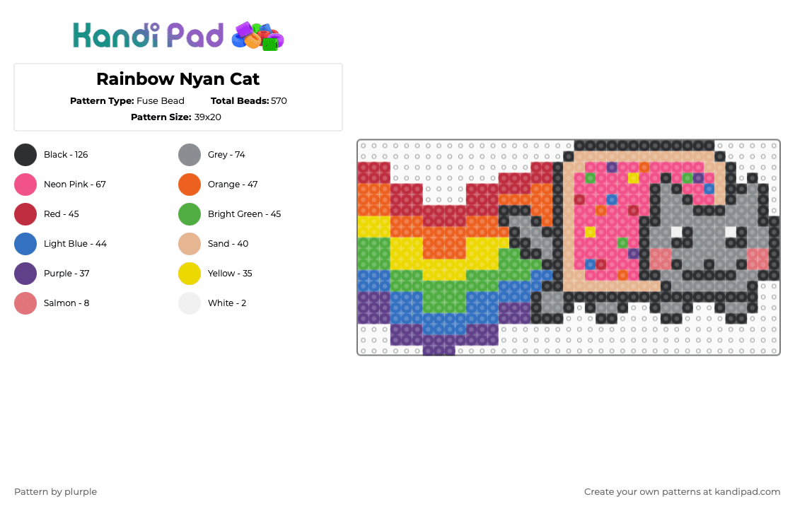 Rainbow Nyan Cat - Fuse Bead Pattern by plurple on Kandi Pad - pink,green,blue,colorful,nyan cat,rainbow,cat
