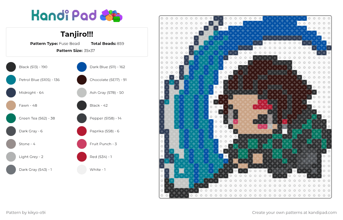 Tanjiro!!! - Fuse Bead Pattern by kikyo-o9i on Kandi Pad - teal,beige,brown,blue,kny,demonslayer,tanjiro,anime
