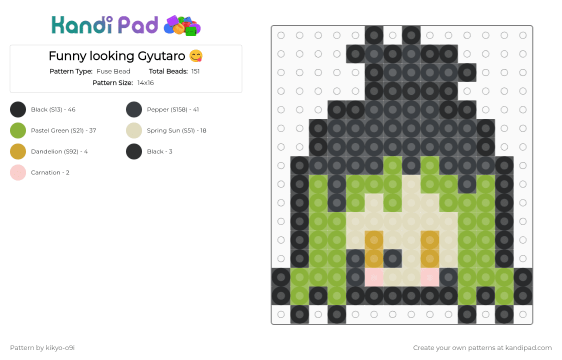 Funny looking Gyutaro 😋 - Fuse Bead Pattern by kikyo-o9i on Kandi Pad - black,green,beige