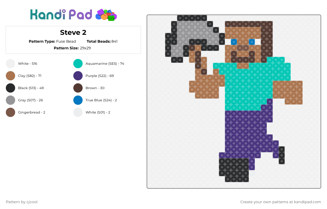Steve 2 - Fuse Bead Pattern by cjcool on Kandi Pad - white,tan,teal,purple