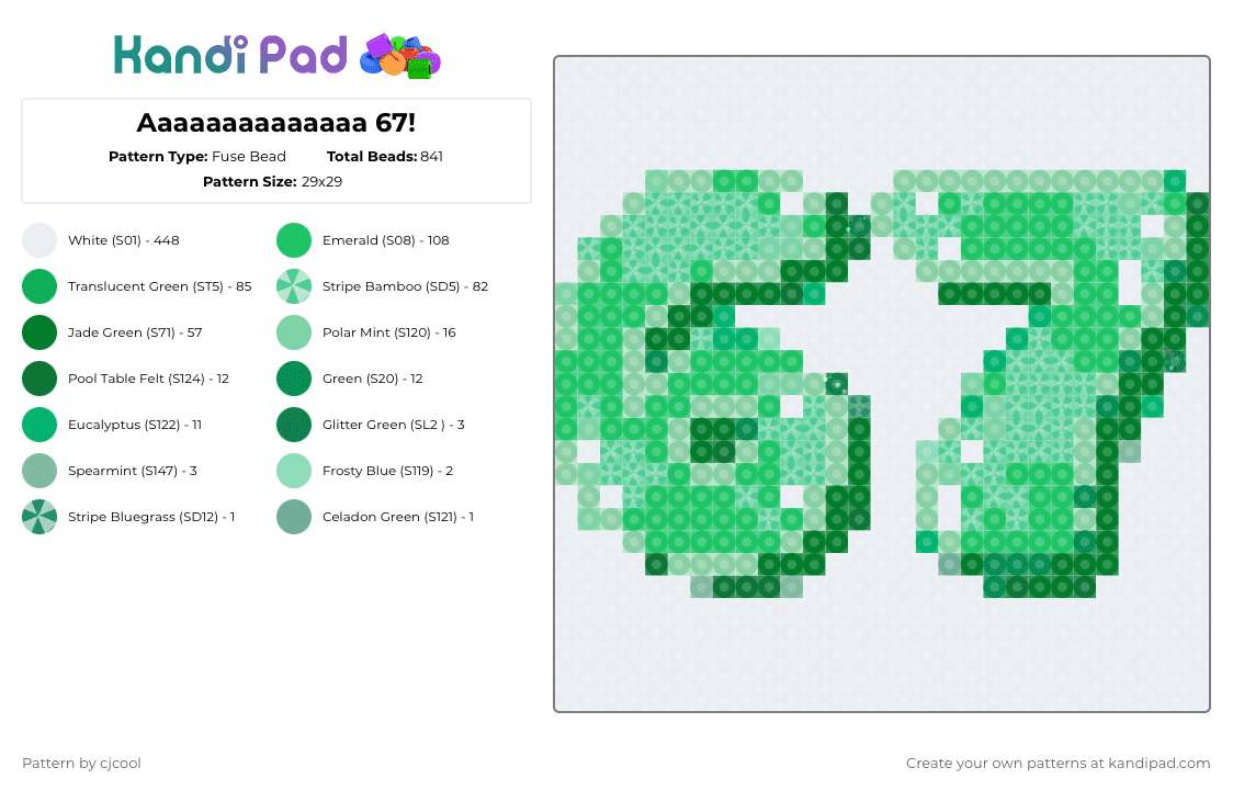 Aaaaaaaaaaaaaa 67! - Fuse Bead Pattern by cjcool on Kandi Pad - white,green