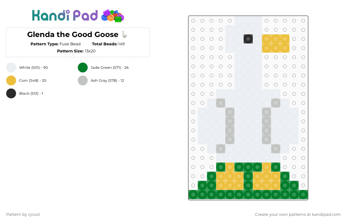 Glenda the Good Goose 🪿 - Fuse Bead Pattern by cjcool on Kandi Pad - white,green,yellow,glenda,goose,good,bird,webbed feet