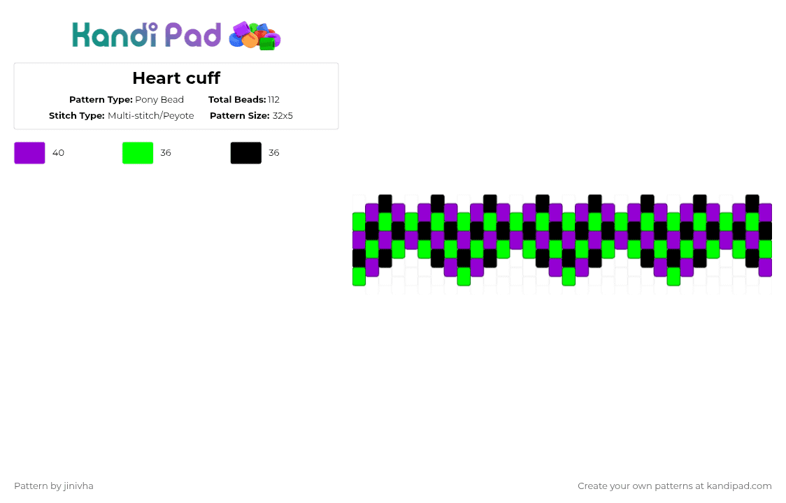 Heart cuff - Pony Bead Pattern by jinivha on Kandi Pad - green,purple